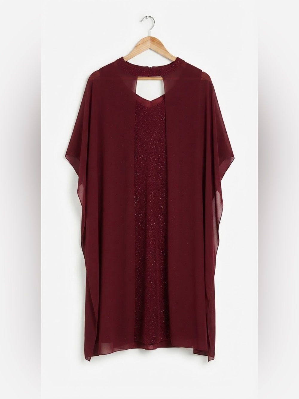 Vedat Burgundy Sparkly Cape V Neck MIDI Dress Sheer Overlay Size 44 XL 14 NWOT